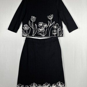 ST.JOHN Couture Women's Black White Embroidered Floral 2 Piece Top 8 Skirt 12